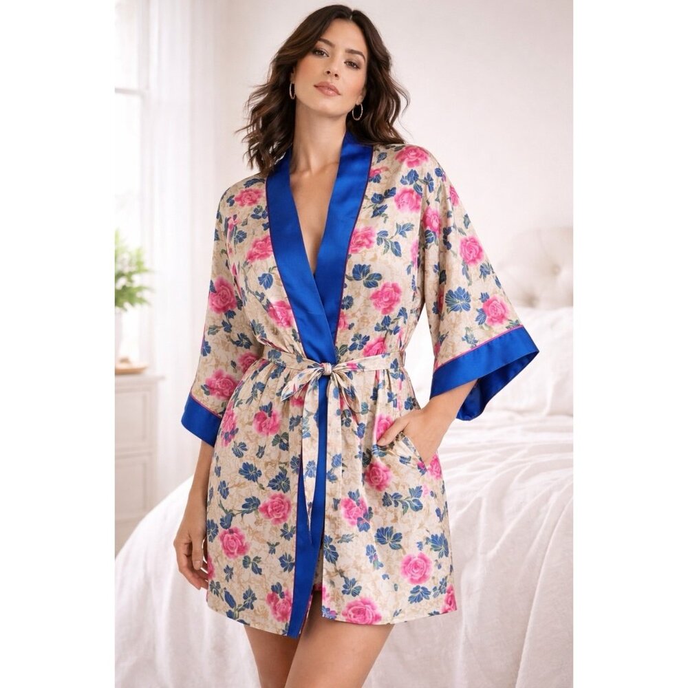 Floral Satin Sleep Robe Women Size M Blue Pink Tie Front Loungewear